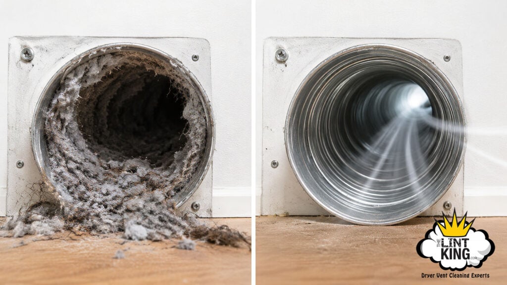 Before and after comparison of a clogged dryer vent and a clean dryer vent.