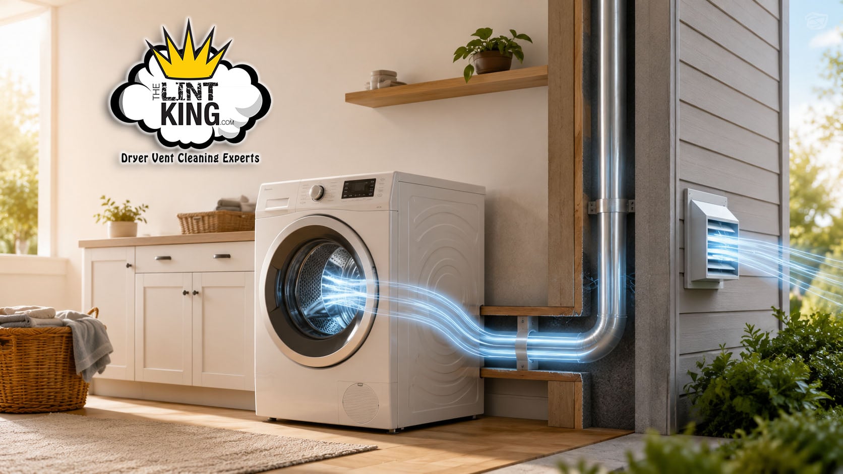 A clean laundry room showing airflow from a dryer vent system.