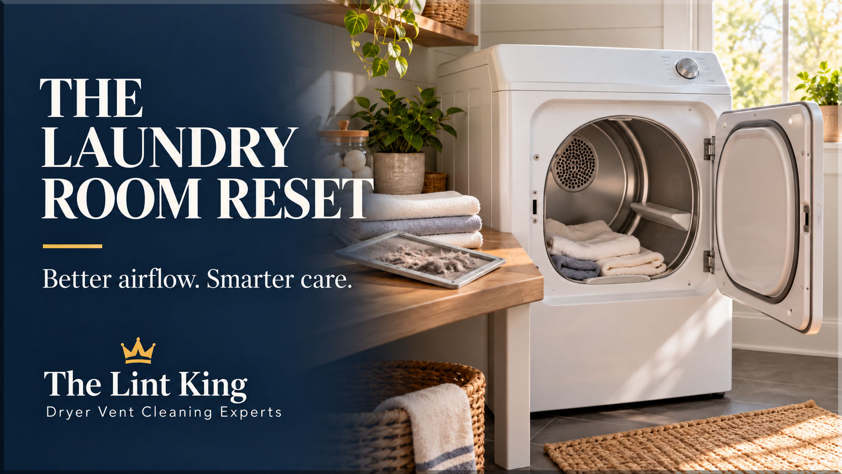 Open clothes dryer beside a lint screen and folded towels for a practical laundry room maintenance guide.